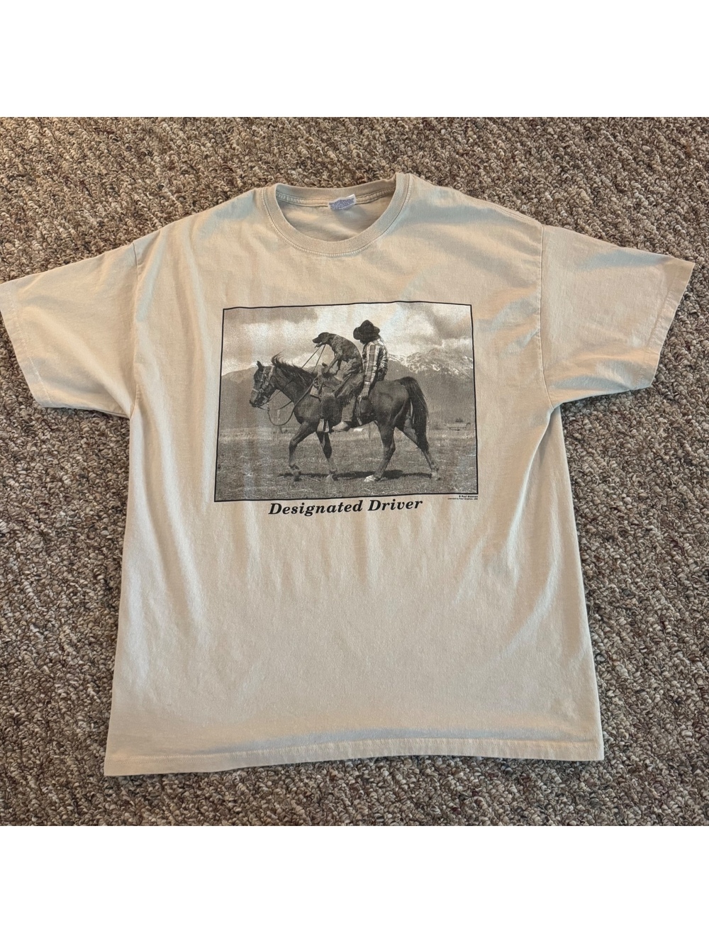 Designated Driver Cowboy Dog Horse Riding Graphic T-Shirt Size XL Beige
